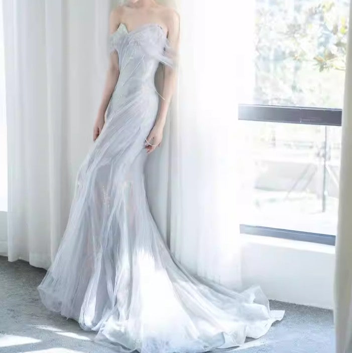 Sweetheart Sequin Mermaid Gown-Fairytale Beaded Tulle Train Long Prom Dress for Events HZ1024