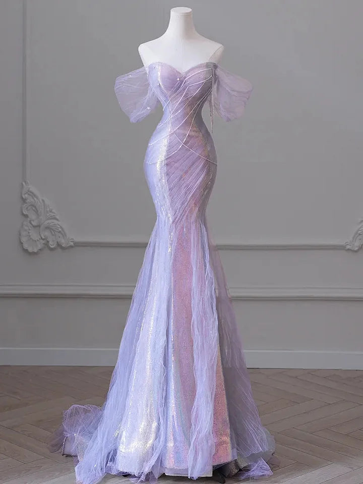 Sweetheart Sequin Mermaid Gown-Fairytale Beaded Tulle Train Long Prom Dress for Events HZ1024