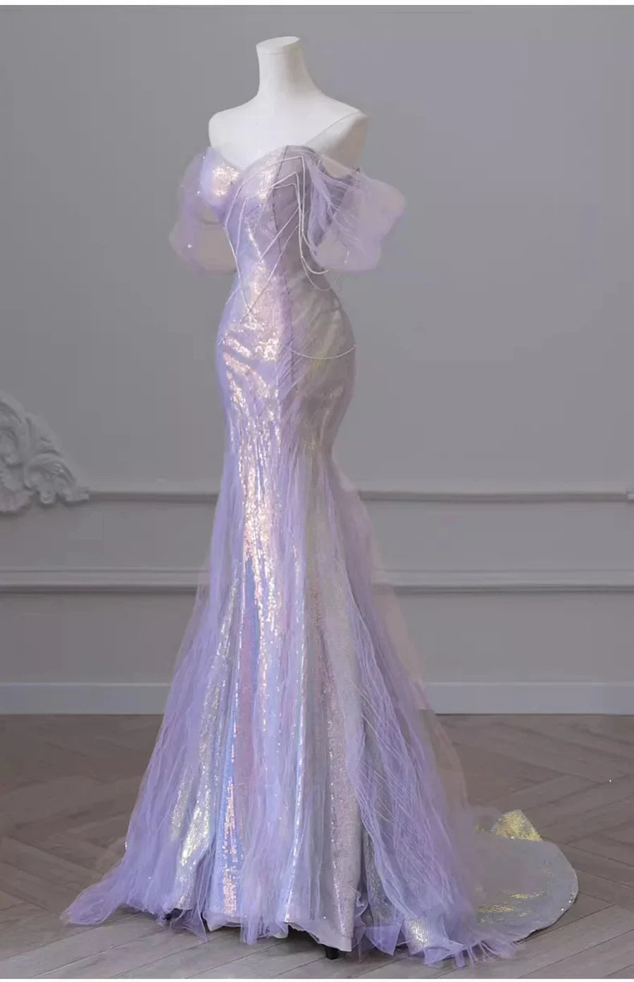 Sweetheart Sequin Mermaid Gown-Fairytale Beaded Tulle Train Long Prom Dress for Events HZ1024
