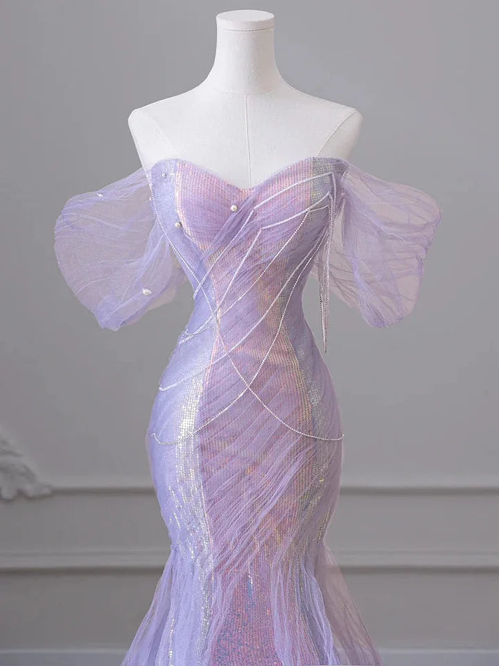 Sweetheart Sequin Mermaid Gown-Fairytale Beaded Tulle Train Long Prom Dress for Events HZ1024