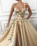flowers A-Line Prom Dresses one shoulder strap Lace Appliques Evening Gown HZ1024