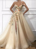 flowers A-Line Prom Dresses one shoulder strap Lace Appliques Evening Gown HZ1024