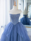 A-line Blue Strapless Tulle Sequins Long Prom Dresses HZ1024