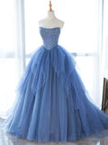 A-line Blue Strapless Tulle Sequins Long Prom Dresses HZ1024