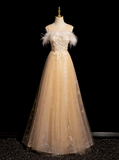 Crew Neck Tulle Embroider Sequins Long Prom Dress, Dark Champagne Formal Dress HZ1024