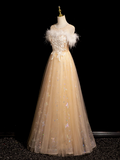 Crew Neck Tulle Embroider Sequins Long Prom Dress, Dark Champagne Formal Dress HZ1024