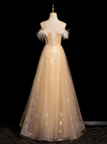 Crew Neck Tulle Embroider Sequins Long Prom Dress, Dark Champagne Formal Dress HZ1024