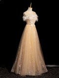 Crew Neck Tulle Embroider Sequins Long Prom Dress, Dark Champagne Formal Dress HZ1024