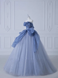 Off-Shoulder Tulle Sequins Long Prom Dress, Dusty Blue Formal Dress HZ1024