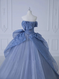Off-Shoulder Tulle Sequins Long Prom Dress, Dusty Blue Formal Dress HZ1024