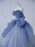 Off-Shoulder Tulle Sequins Long Prom Dress, Dusty Blue Formal Dress HZ1024