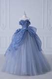 Off-Shoulder Tulle Sequins Long Prom Dress, Dusty Blue Formal Dress HZ1024