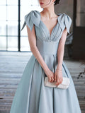 A-Line V Neck Satin Beads Long Prom Dress, Blue Evening Dress HZ1024