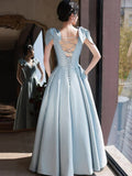 A-Line V Neck Satin Beads Long Prom Dress, Blue Evening Dress HZ1024