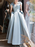 A-Line V Neck Satin Beads Long Prom Dress, Blue Evening Dress HZ1024