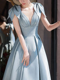 A-Line V Neck Satin Beads Long Prom Dress, Blue Evening Dress HZ1024