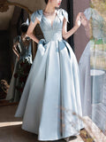A-Line V Neck Satin Beads Long Prom Dress, Blue Evening Dress HZ1024