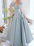 A-Line V Neck Satin Beads Long Prom Dress, Blue Evening Dress HZ1024