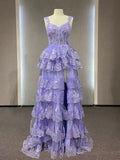 Straps Evening Dress Sparkly Lace Appliques Cupcake Prom Dresses HZ1024