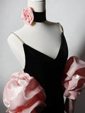 V Neck Velvet Black Long Prom Dress, Black Party Dress HZ1024