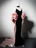 V Neck Velvet Black Long Prom Dress, Black Party Dress HZ1024