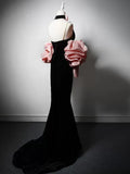 V Neck Velvet Black Long Prom Dress, Black Party Dress HZ1024