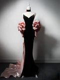V Neck Velvet Black Long Prom Dress, Black Party Dress HZ1024