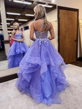 A-Line Tulle Lace Long Prom Dress, Purple Long Graduation Dress HZ1024
