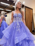 A-Line Tulle Lace Long Prom Dress, Purple Long Graduation Dress HZ1024