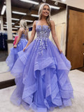 A-Line Tulle Lace Long Prom Dress, Purple Long Graduation Dress HZ1024