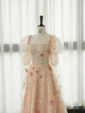 Pink A-Line Long Sleeve Tulle Lace Long Prom Dress HZ1024