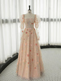 Pink A-Line Long Sleeve Tulle Lace Long Prom Dress HZ1024