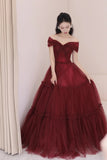 A-Line Off Shoulder Tulle Long Prom Dress, Burgundy Long Evening Dress HZ1024