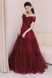 A-Line Off Shoulder Tulle Long Prom Dress, Burgundy Long Evening Dress HZ1024