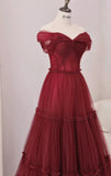 A-Line Off Shoulder Tulle Long Prom Dress, Burgundy Long Evening Dress HZ1024