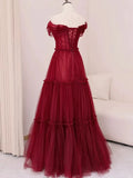 A-Line Off Shoulder Tulle Long Prom Dress, Burgundy Long Evening Dress HZ1024