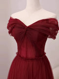 A-Line Off Shoulder Tulle Long Prom Dress, Burgundy Long Evening Dress HZ1024
