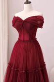 A-Line Off Shoulder Tulle Long Prom Dress, Burgundy Long Evening Dress HZ1024