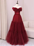 A-Line Off Shoulder Tulle Long Prom Dress, Burgundy Long Evening Dress HZ1024
