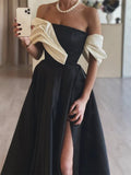 A-Line Satin Off Shoulder Long Prom Dress, Black Long Formal Dress HZ1024