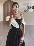 A-Line Satin Off Shoulder Long Prom Dress, Black Long Formal Dress HZ1024