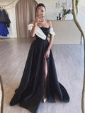 A-Line Satin Off Shoulder Long Prom Dress, Black Long Formal Dress HZ1024