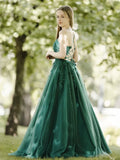Green A-Line Tulle Lace Backless Long Prom Dress, Green Long Evening Dress HZ1024