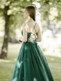 Green A-Line Tulle Lace Backless Long Prom Dress, Green Long Evening Dress HZ1024