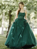 Green A-Line Tulle Lace Backless Long Prom Dress, Green Long Evening Dress HZ1024