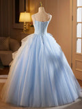 A-Line Spaghetti Strap Tulle Lace Long Prom Dress, Blue Long Sweet 16 Dress HZ1024