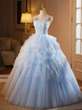 A-Line Spaghetti Strap Tulle Lace Long Prom Dress, Blue Long Sweet 16 Dress HZ1024