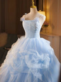 A-Line Spaghetti Strap Tulle Lace Long Prom Dress, Blue Long Sweet 16 Dress HZ1024