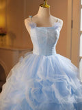 A-Line Spaghetti Strap Tulle Lace Long Prom Dress, Blue Long Sweet 16 Dress HZ1024