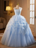 A-Line Spaghetti Strap Tulle Lace Long Prom Dress, Blue Long Sweet 16 Dress HZ1024
